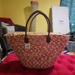NWT Falls Creek Cream & Pink Straw Tote Bag One Size Beach Everyday Purse